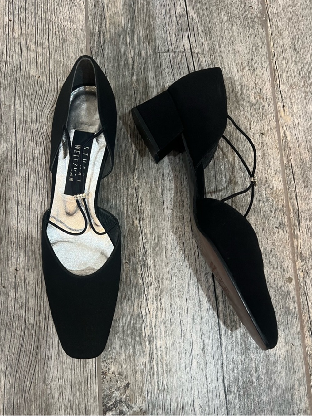 Vintage Stuart Weitzman Black D’Orsay Block Heel Rhinestone Spain 7.5 Narrow